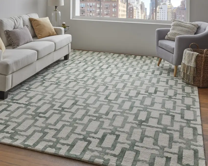 Ivory And Green Wool Geometric Tufted Handmade Area Rug Photo 7
