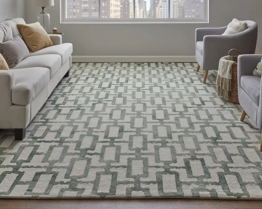 Ivory And Green Wool Geometric Tufted Handmade Area Rug Photo 6