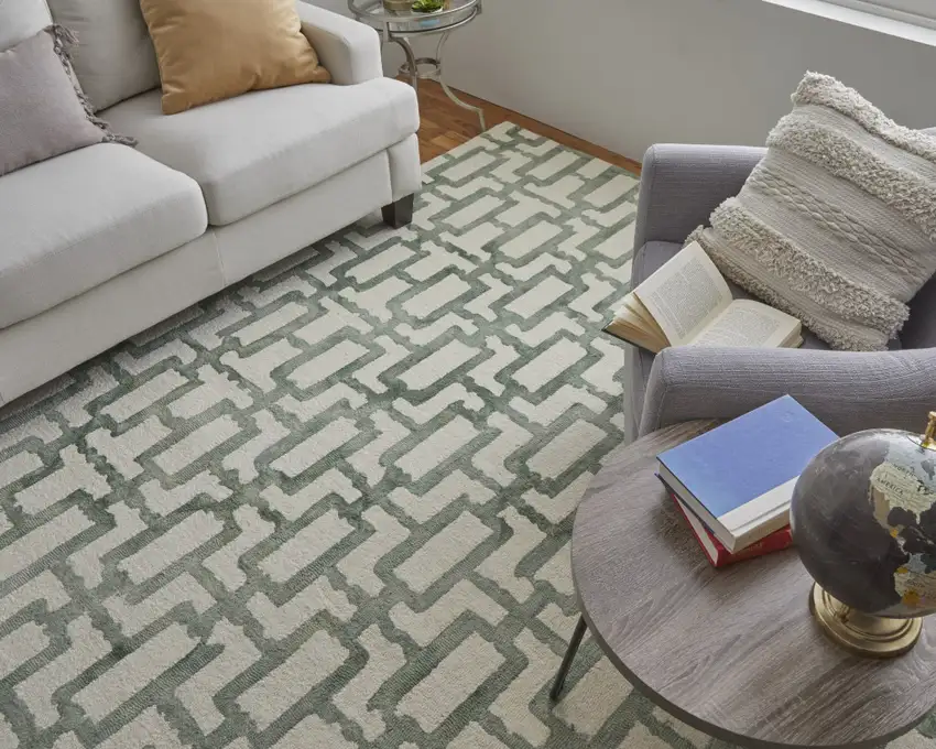 Ivory And Green Wool Geometric Tufted Handmade Area Rug Photo 8