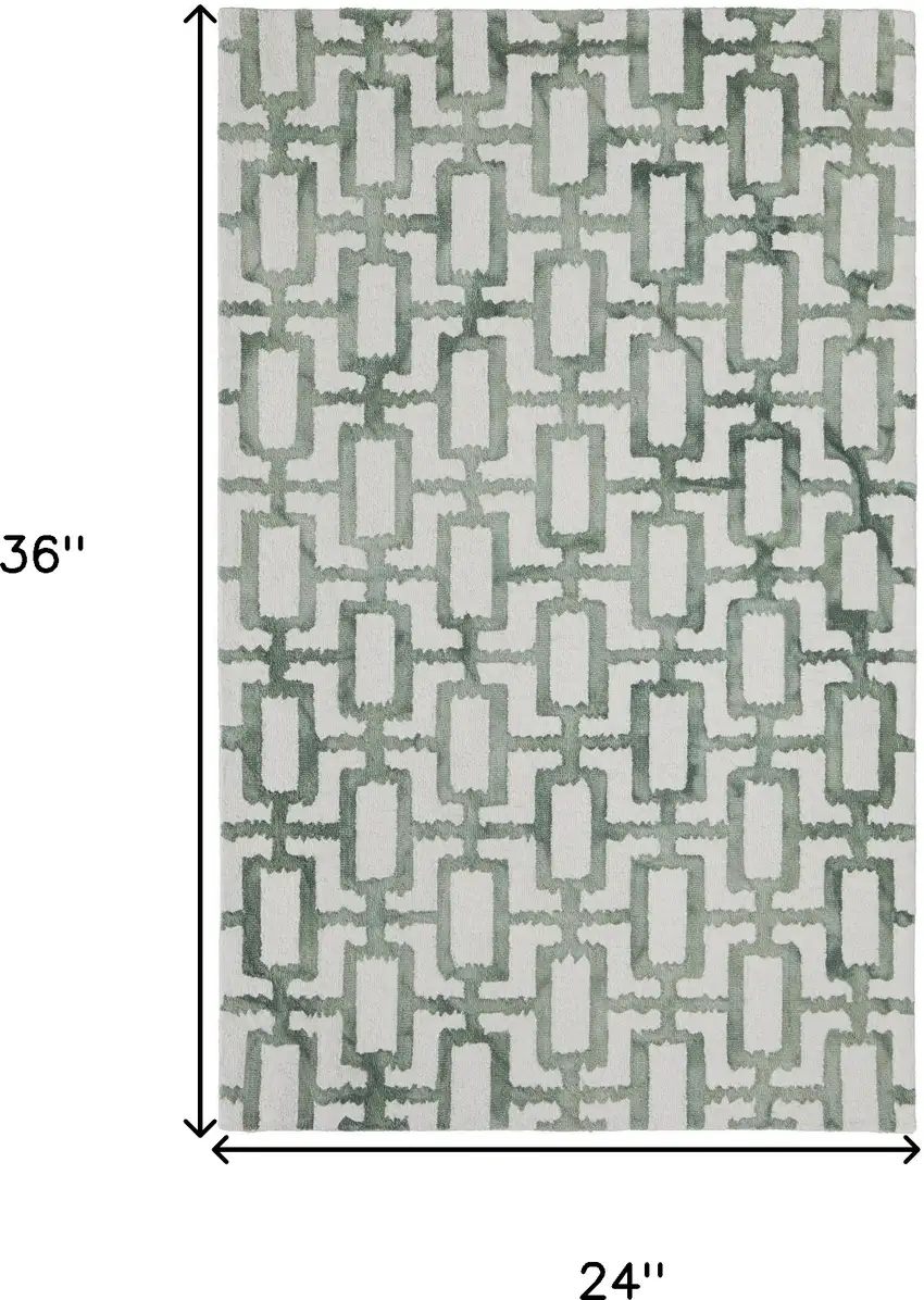 Ivory And Green Wool Geometric Tufted Handmade Area Rug Photo 10