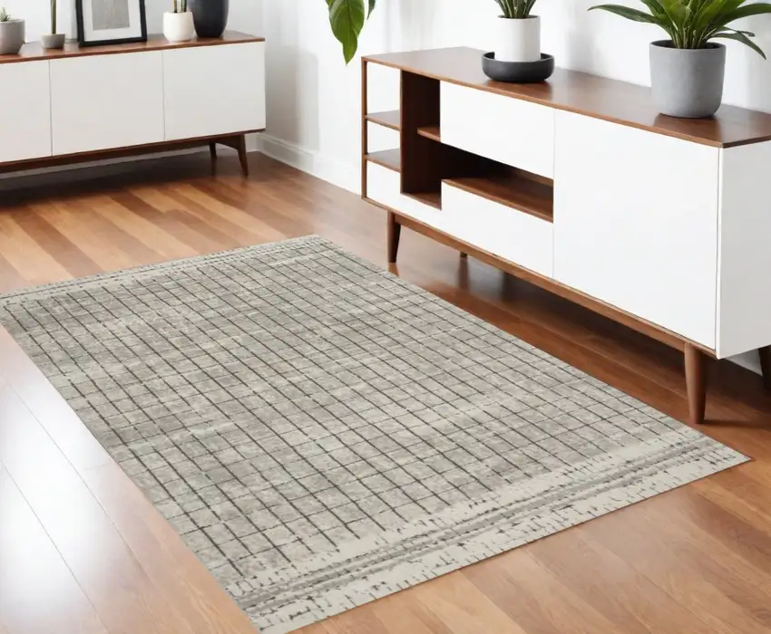 Ivory And Grey Abstract Power Loom Distressed Non Skid Area Rug Photo 2