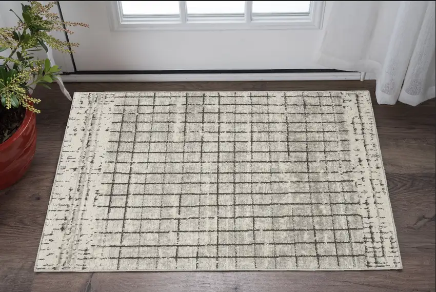 Ivory And Grey Abstract Power Loom Distressed Non Skid Area Rug Photo 1