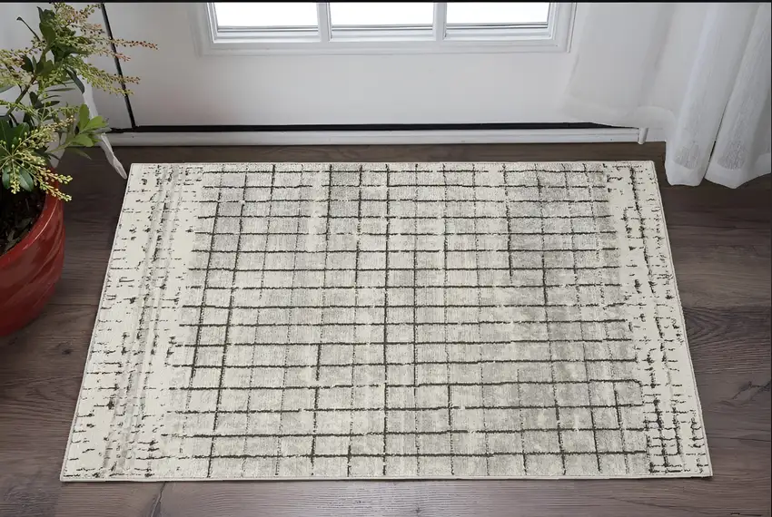 Ivory And Grey Abstract Power Loom Distressed Non Skid Area Rug Photo 2