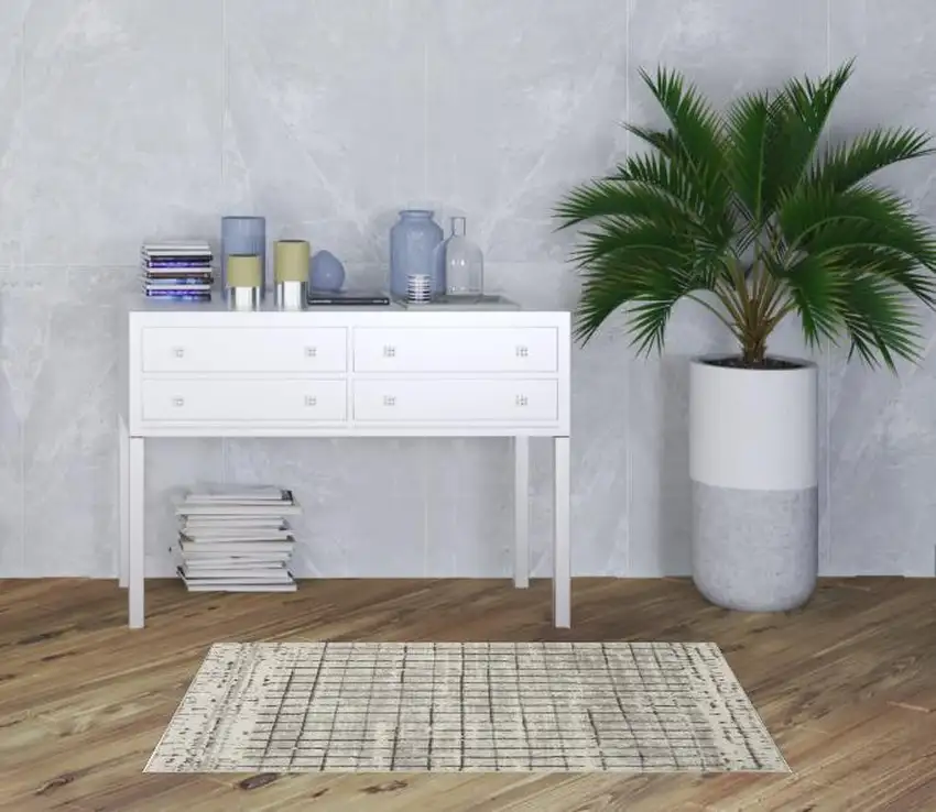 Ivory And Grey Abstract Power Loom Distressed Non Skid Area Rug Photo 2