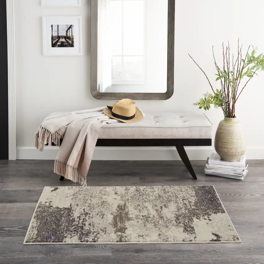 Ivory And Grey Abstract Power Loom Non Skid Area Rug Photo 5