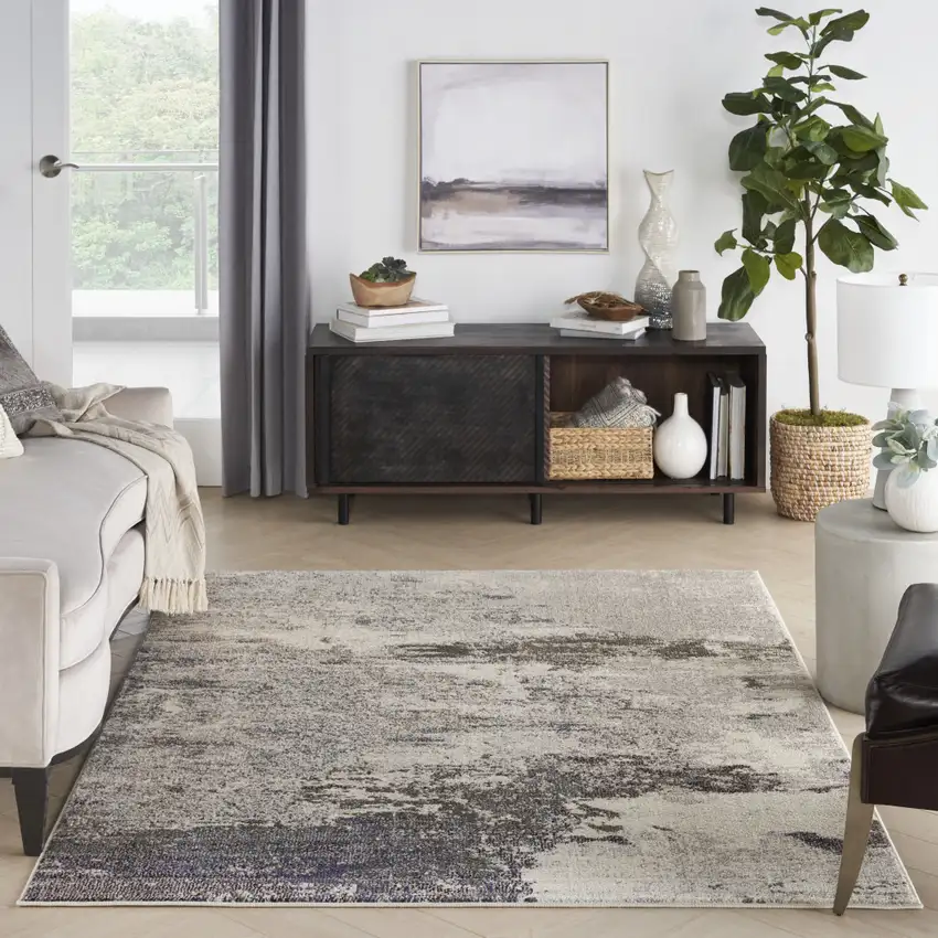 Ivory And Grey Abstract Power Loom Non Skid Area Rug Photo 6