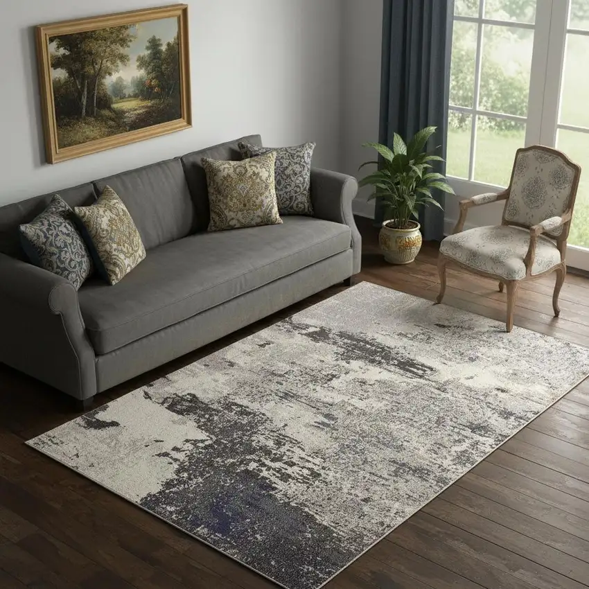 Ivory And Grey Abstract Power Loom Non Skid Area Rug Photo 1