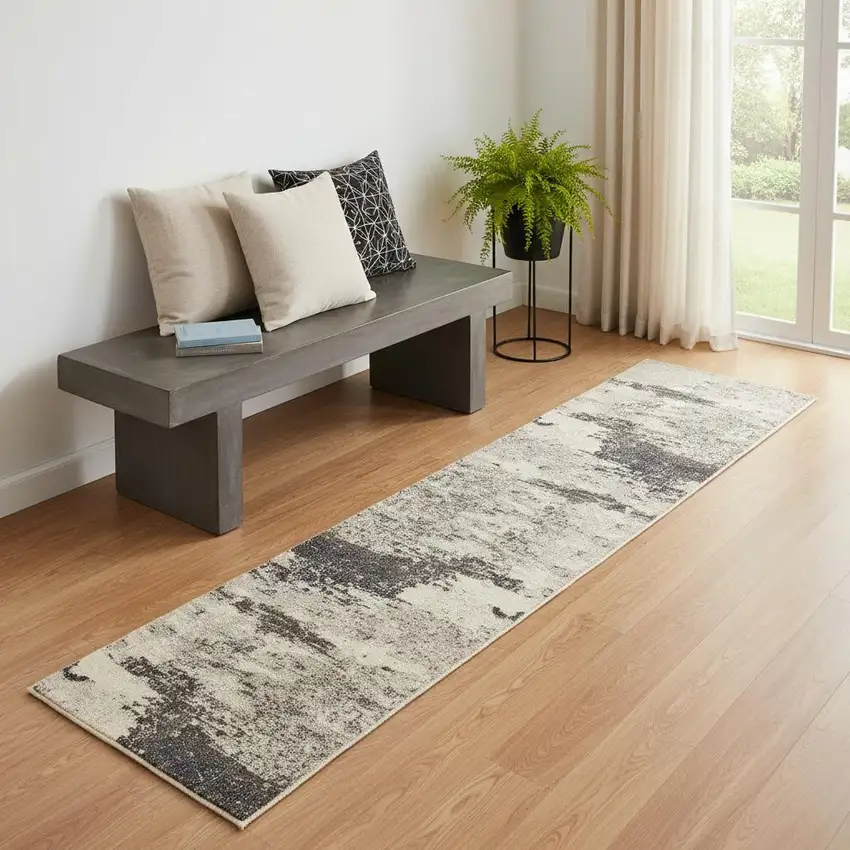 2' X 6' Ivory And Grey Abstract Power Loom Non Skid Runner Rug Photo 1