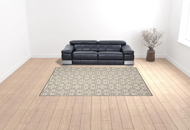 Ivory And Grey Fleur De Lis Stain Resistant Non Skid Area Rug Photo 2