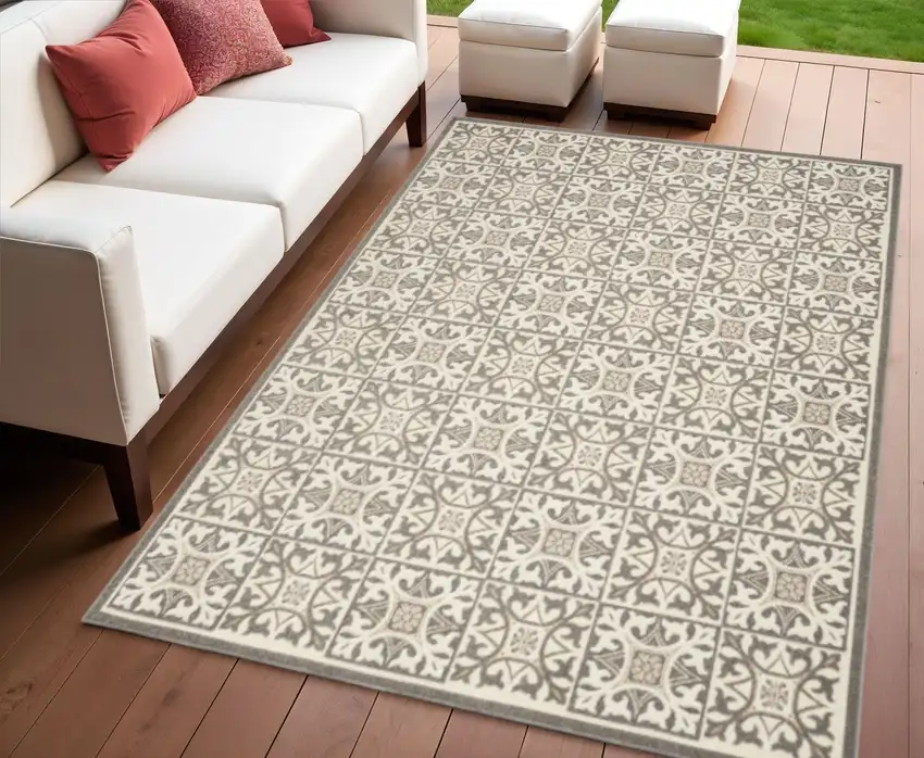 Ivory And Grey Fleur De Lis Stain Resistant Non Skid Area Rug Photo 1