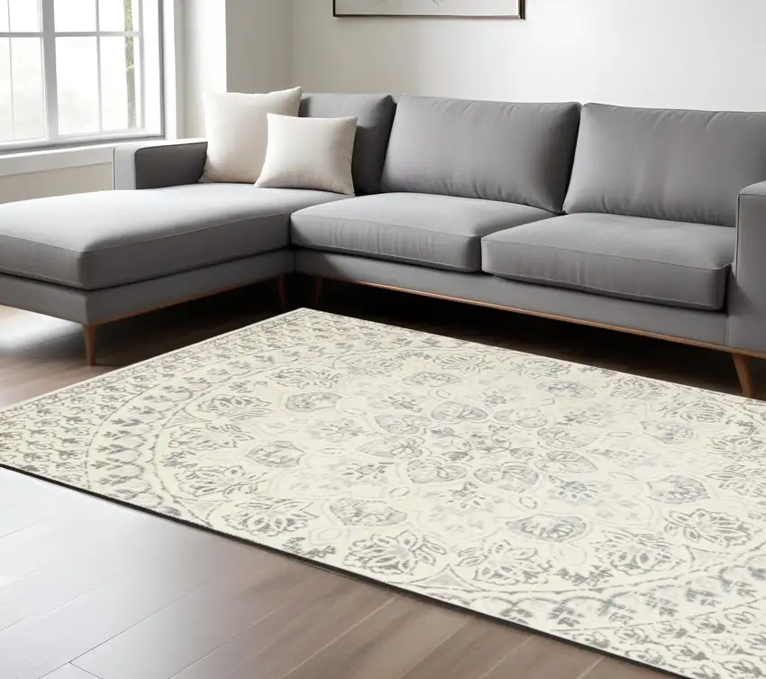 Gray and Ivory Floral Power Loom Area Rug Photo 1