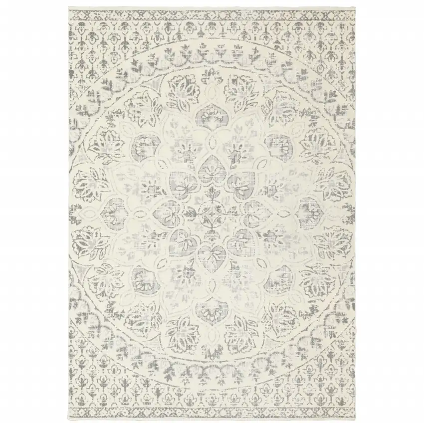 Ivory And Grey Floral Power Loom Stain Resistant Area Rug Photo 1