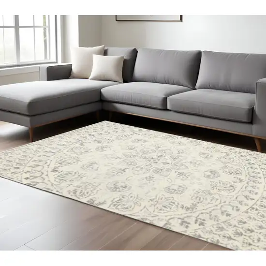 Ivory And Grey Floral Power Loom Stain Resistant Area Rug Photo 1