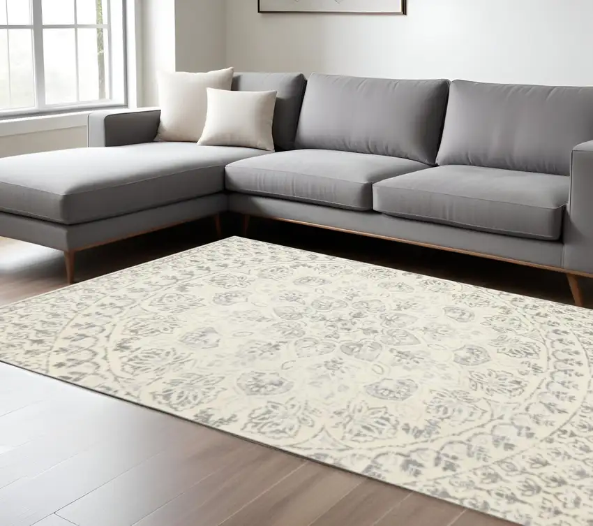 Ivory And Grey Floral Power Loom Stain Resistant Area Rug Photo 1