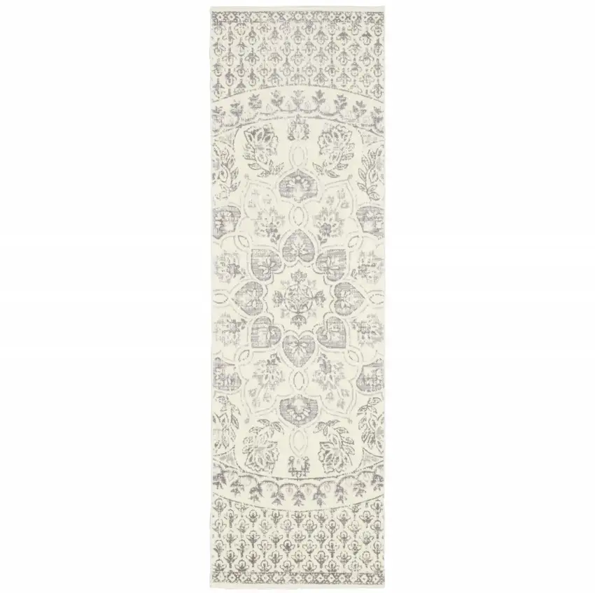 Ivory And Grey Floral Power Loom Stain Resistant Runner Rug Photo 1
