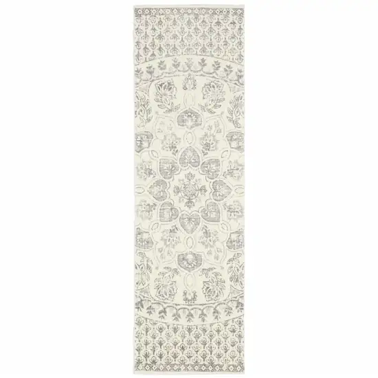 Ivory And Grey Floral Power Loom Stain Resistant Runner Rug Photo 1