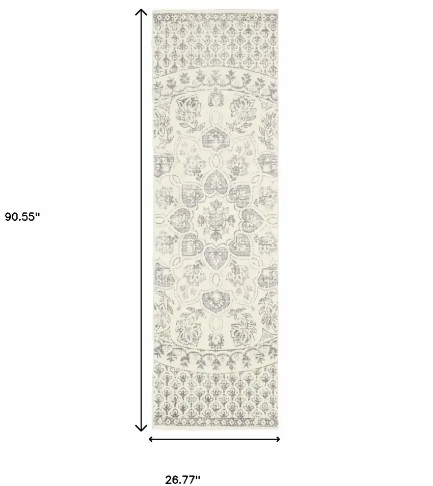 Ivory And Grey Floral Power Loom Stain Resistant Runner Rug Photo 8