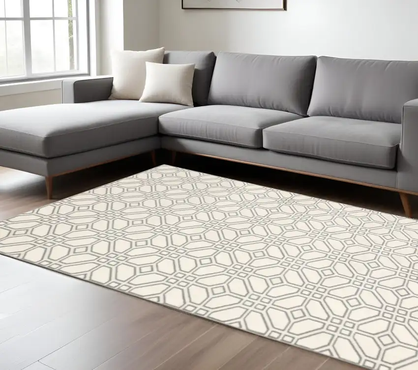Ivory And Grey Geometric Power Loom Stain Resistant Area Rug Photo 1