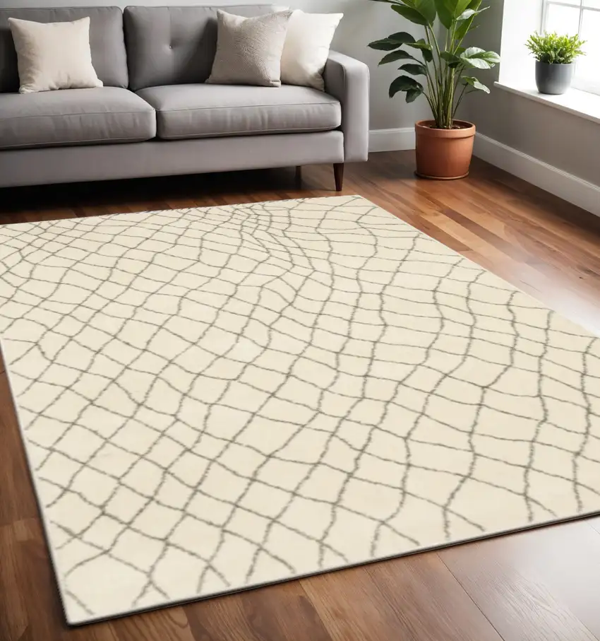 Ivory And Grey Geometric Power Loom Stain Resistant Area Rug Photo 1