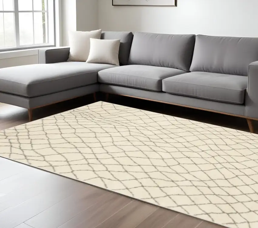 Ivory And Grey Geometric Power Loom Stain Resistant Area Rug Photo 1