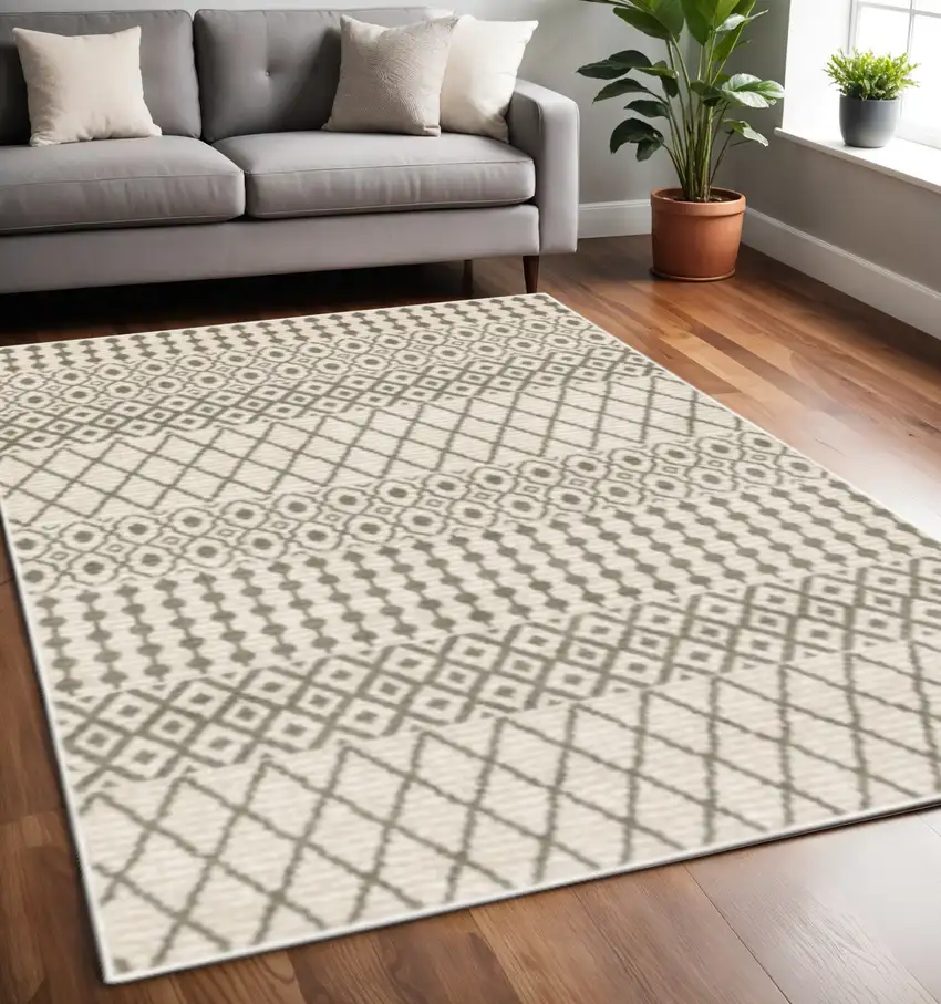 Ivory And Grey Geometric Power Loom Stain Resistant Area Rug Photo 1