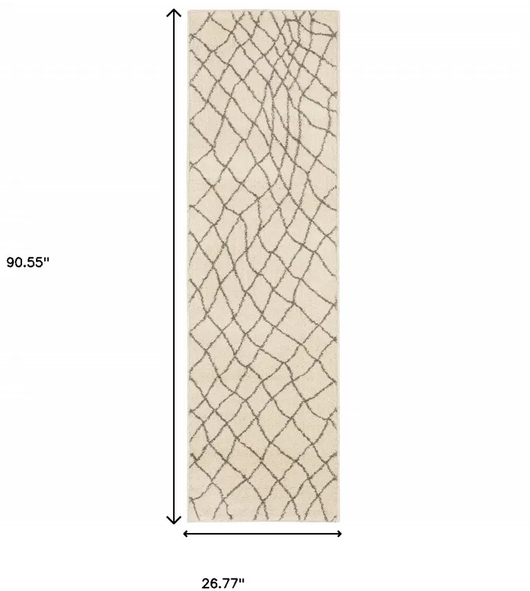 Ivory And Grey Geometric Power Loom Stain Resistant Runner Rug Photo 4