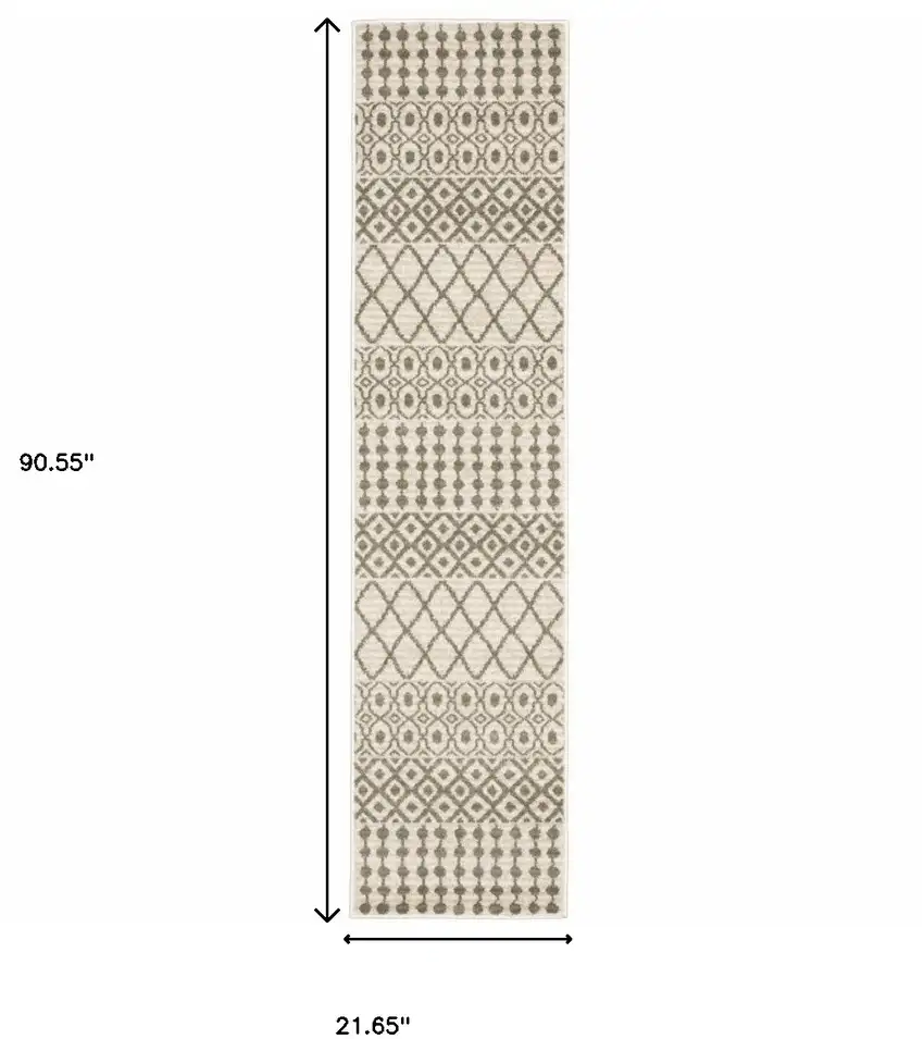 Ivory And Grey Geometric Power Loom Stain Resistant Runner Rug Photo 10