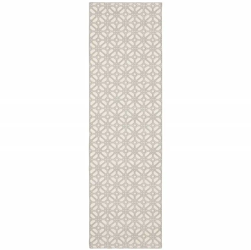 Ivory And Grey Geometric Power Loom Stain Resistant Runner Rug Photo 1