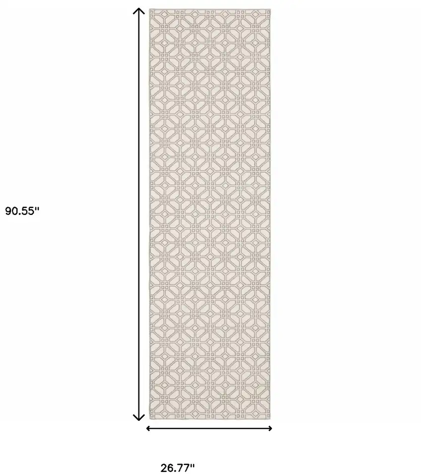 Ivory And Grey Geometric Power Loom Stain Resistant Runner Rug Photo 9