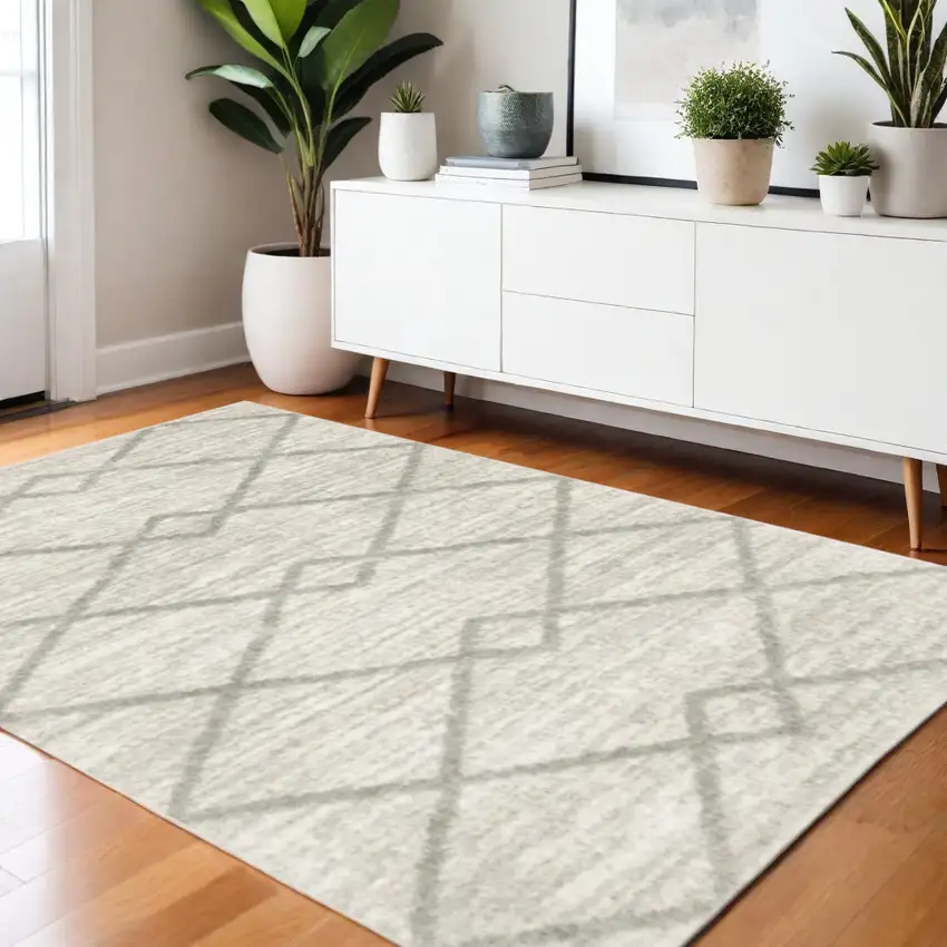 Ivory And Grey Geometric Shag Power Loom Stain Resistant Area Rug Photo 1