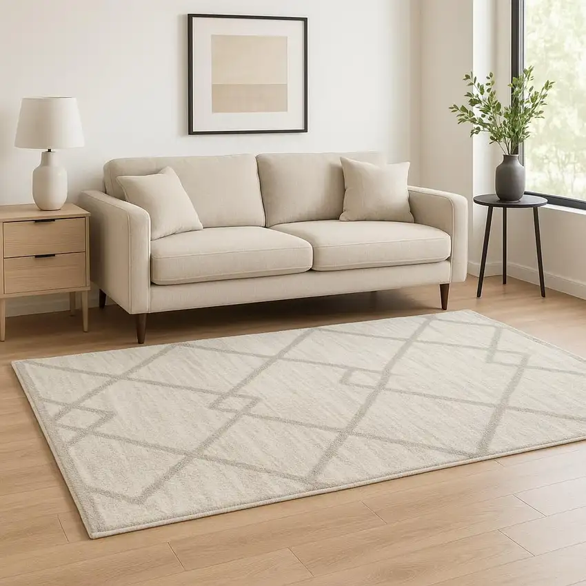 Ivory And Grey Geometric Shag Power Loom Stain Resistant Area Rug Photo 1