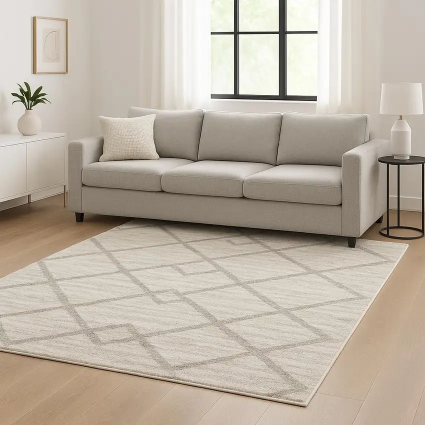 6' X 9' Ivory And Grey Geometric Shag Power Loom Stain Resistant Area Rug Photo 1
