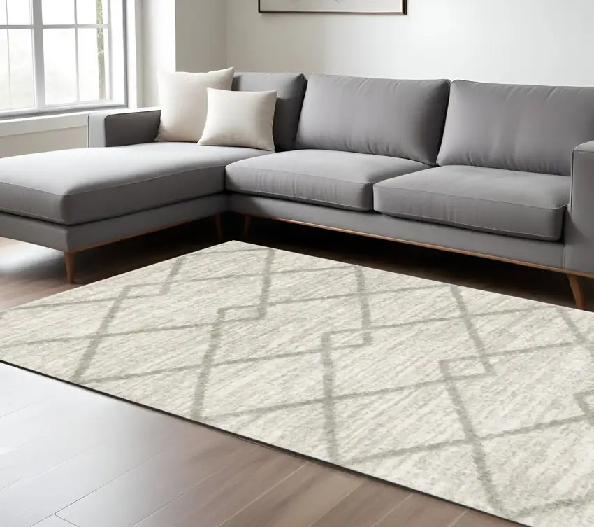 Gray and Ivory Geometric Shag Power Loom Area Rug Photo 1