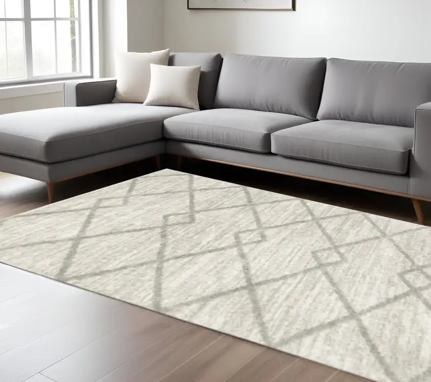 Ivory And Grey Geometric Shag Power Loom Stain Resistant Area Rug Photo 1