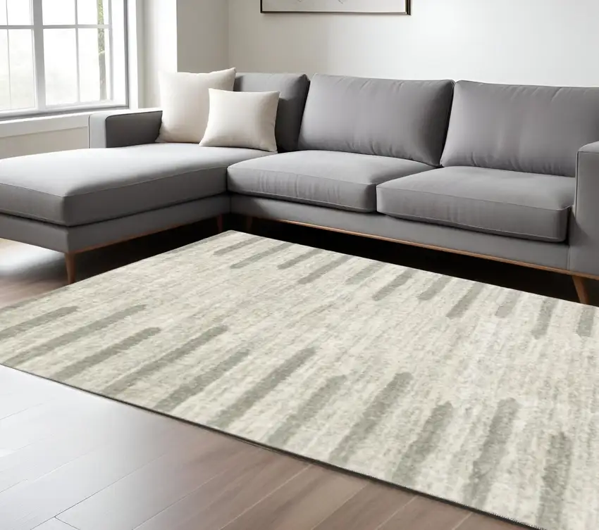 Ivory And Grey Geometric Shag Power Loom Stain Resistant Area Rug Photo 1