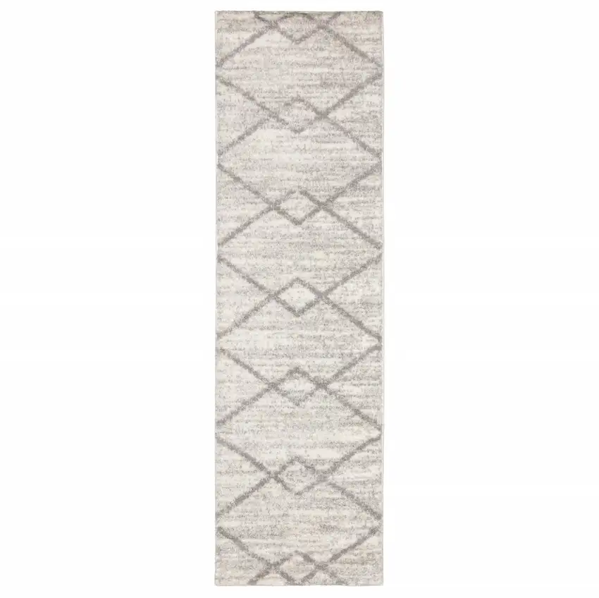 Ivory And Grey Geometric Shag Power Loom Stain Resistant Runner Rug Photo 1