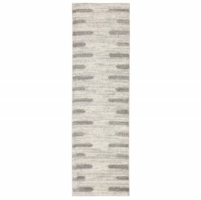 Ivory And Grey Geometric Shag Power Loom Stain Resistant Runner Rug Photo 1