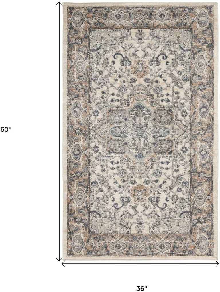 Ivory And Grey Oriental Power Loom Non Skid Area Rug Photo 2
