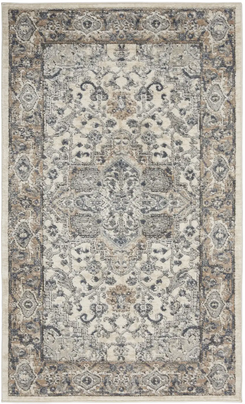 Ivory And Grey Oriental Power Loom Non Skid Area Rug Photo 1