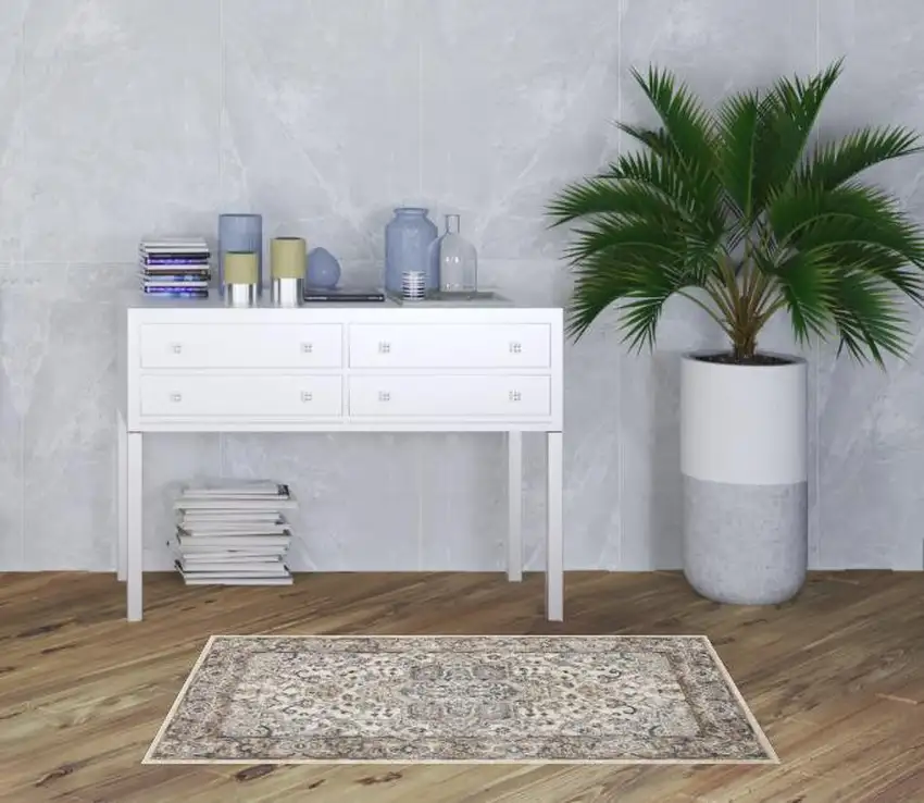 Ivory And Grey Oriental Power Loom Non Skid Area Rug Photo 2