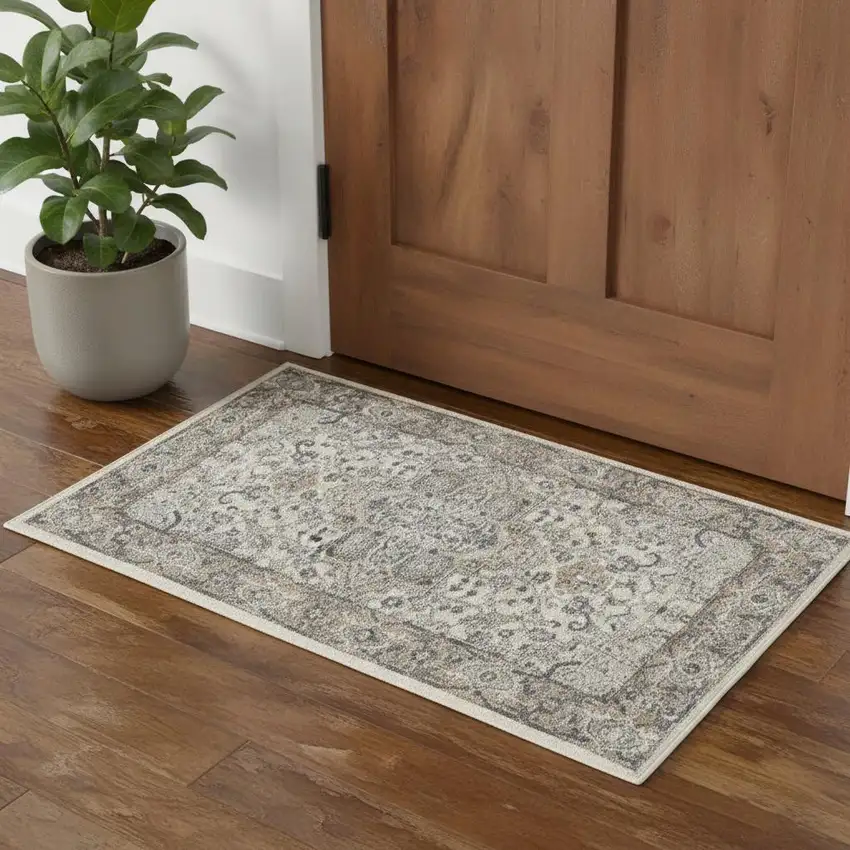 Ivory And Grey Oriental Power Loom Non Skid Area Rug Photo 1