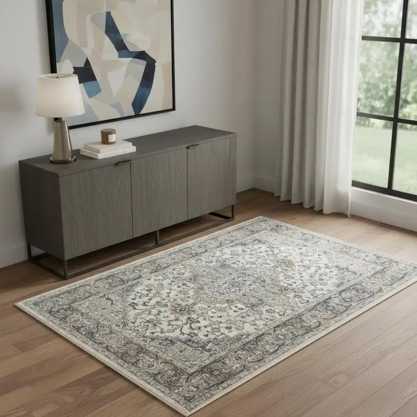Ivory And Grey Oriental Power Loom Non Skid Area Rug Photo 1