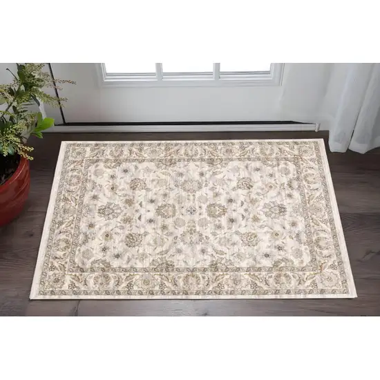 Ivory And Grey Oriental Power Loom Stain Resistant Area Rug With Fringe Photo 1