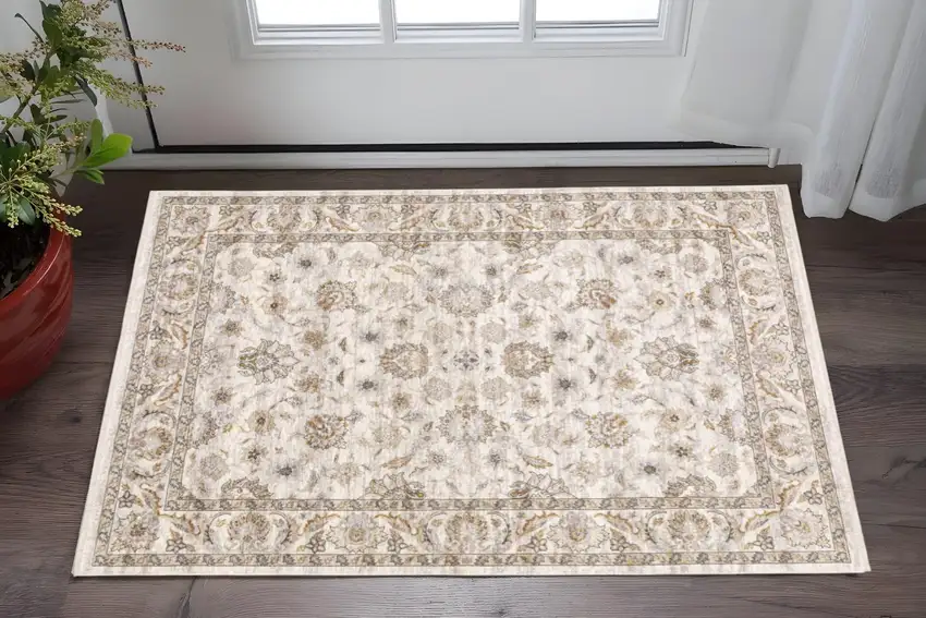 Ivory And Grey Oriental Power Loom Stain Resistant Area Rug With Fringe Photo 1