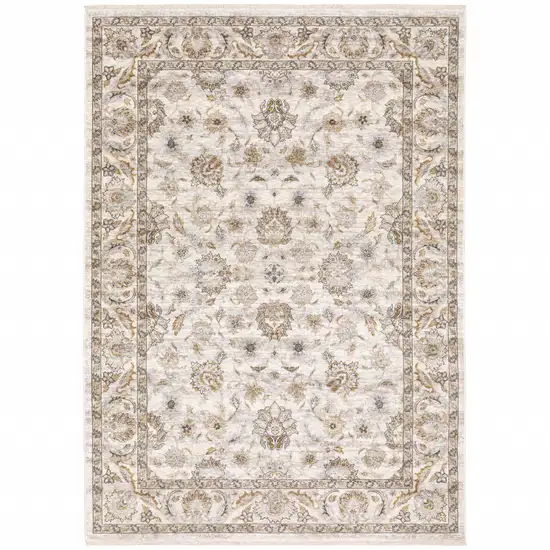 Ivory And Grey Oriental Power Loom Stain Resistant Area Rug With Fringe Photo 1