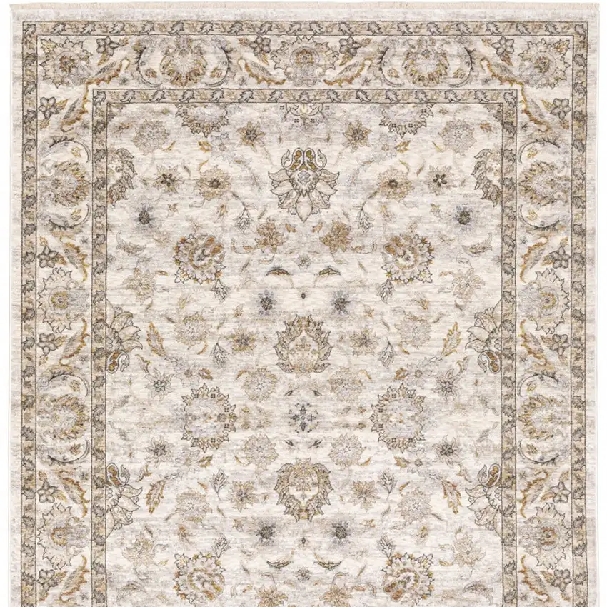 Ivory And Grey Oriental Power Loom Stain Resistant Area Rug With Fringe Photo 7