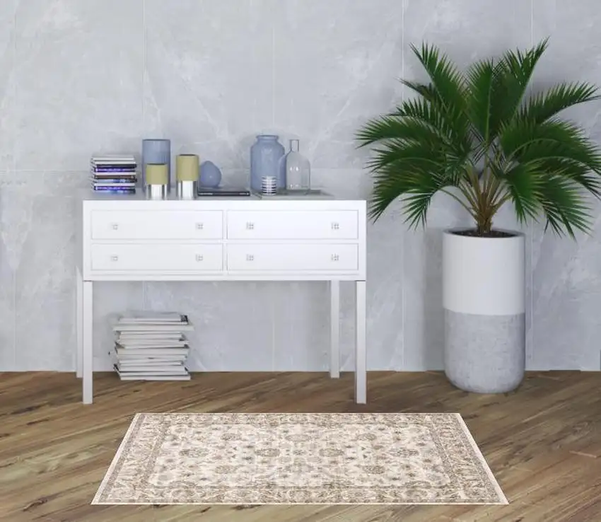Ivory And Grey Oriental Power Loom Stain Resistant Area Rug With Fringe Photo 3