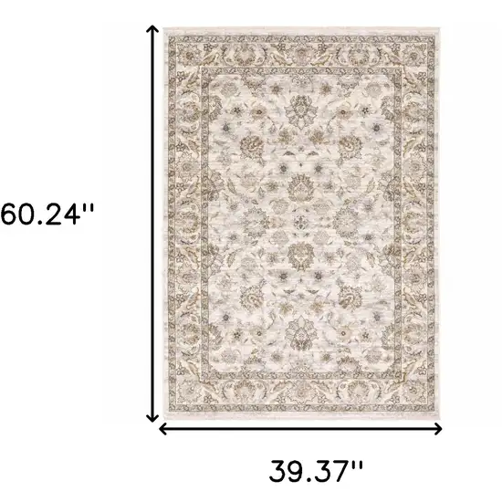 Ivory And Grey Oriental Power Loom Stain Resistant Area Rug With Fringe Photo 3
