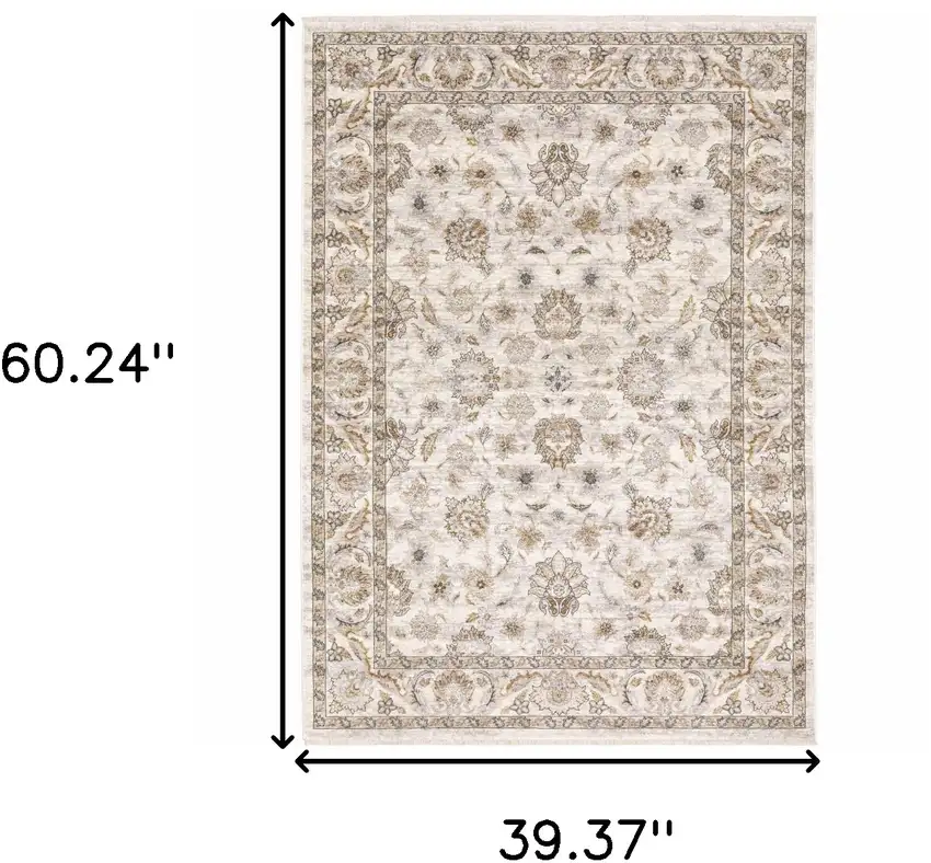 Ivory And Grey Oriental Power Loom Stain Resistant Area Rug With Fringe Photo 3