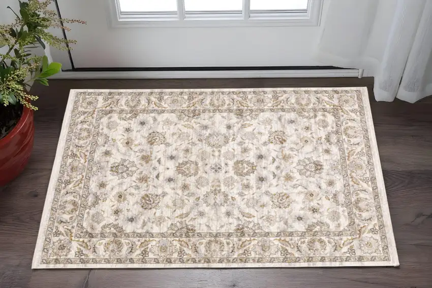 Ivory And Grey Oriental Power Loom Stain Resistant Area Rug With Fringe Photo 1